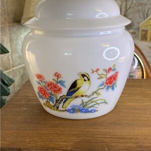 Floral Bird Design Milk Glass Jar